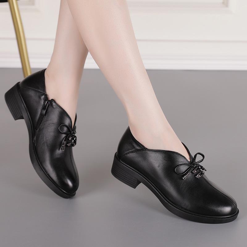 Autumn New Top Layer Cowhide Thick Heel Women's Single Shoes Korean Casual Work Shoes Comfortable Leather Professional Shoes Fashion Shoes
