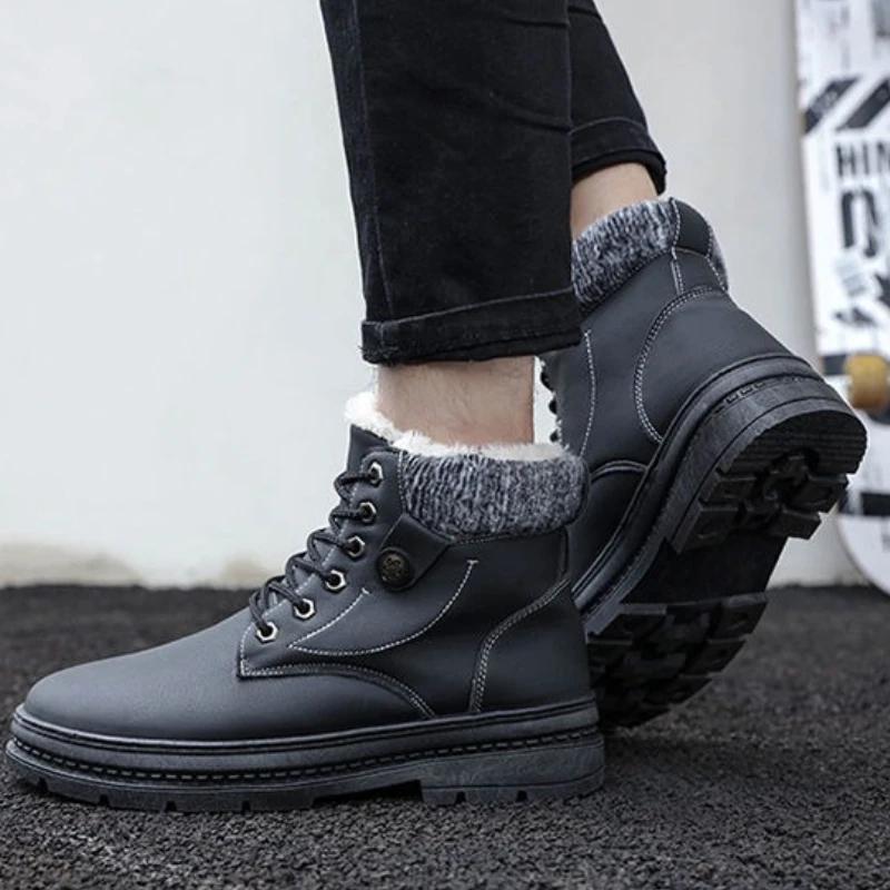 Men's Korean Casual Snow Boots Lace Up Work Boots Fleece Lined Thickened Winter Warm Waterproof Anti-slip Cotton Shoes