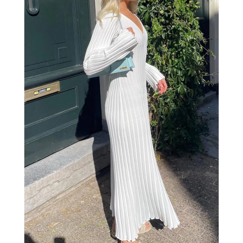 Rib-knit Side Split Maxi Dress Women Solid Color V-neck Slim Fit Robes Autumn Chic Office Lady Commuter Long Dresses