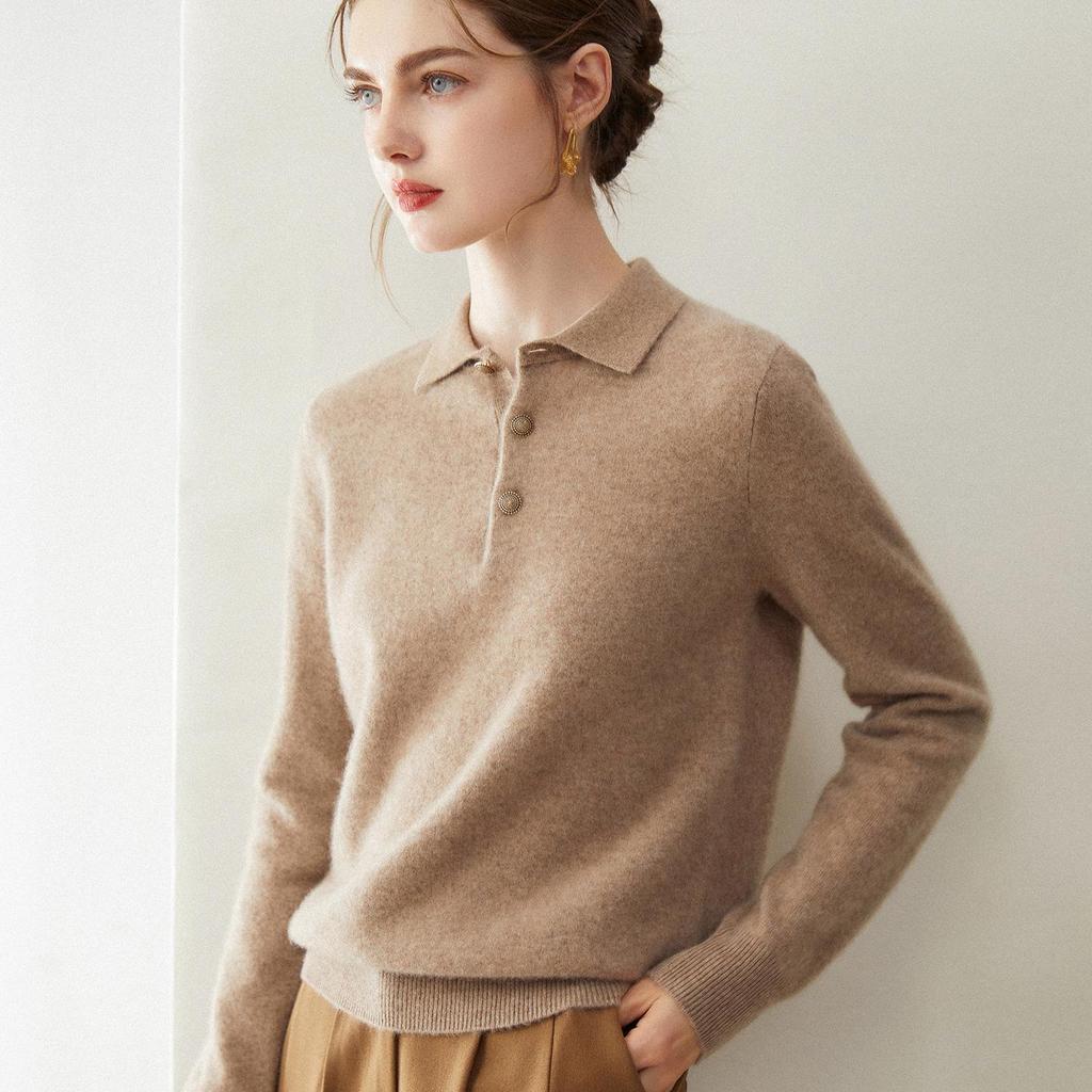 Women's 100% Pure Cashmere Lapel Sweater, Loose Fit, Long Sleeve Knitwear Top for Autumn/Winter
