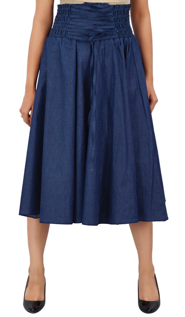 Bimba Navy Blue High Waist Denim Skirt a-line Smocked Waist Designer Chic