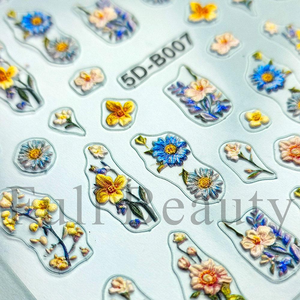 Nail Art Stickers Ins Relief Three-dimensional 5D Summer Oil Painting Small Flower Flower Adhesive Nail Stickers