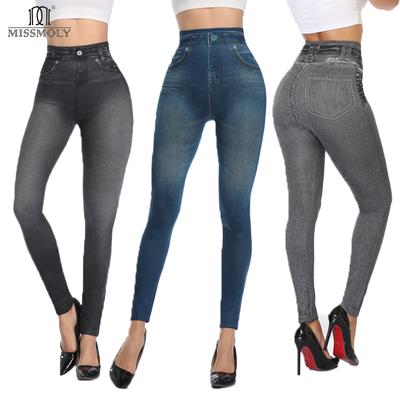 Faux Denim Jeans Leggings taille haute mode mince femmes sans couture Leggings Sexy longue impression Fitness Legging décontracté crayon pantalon