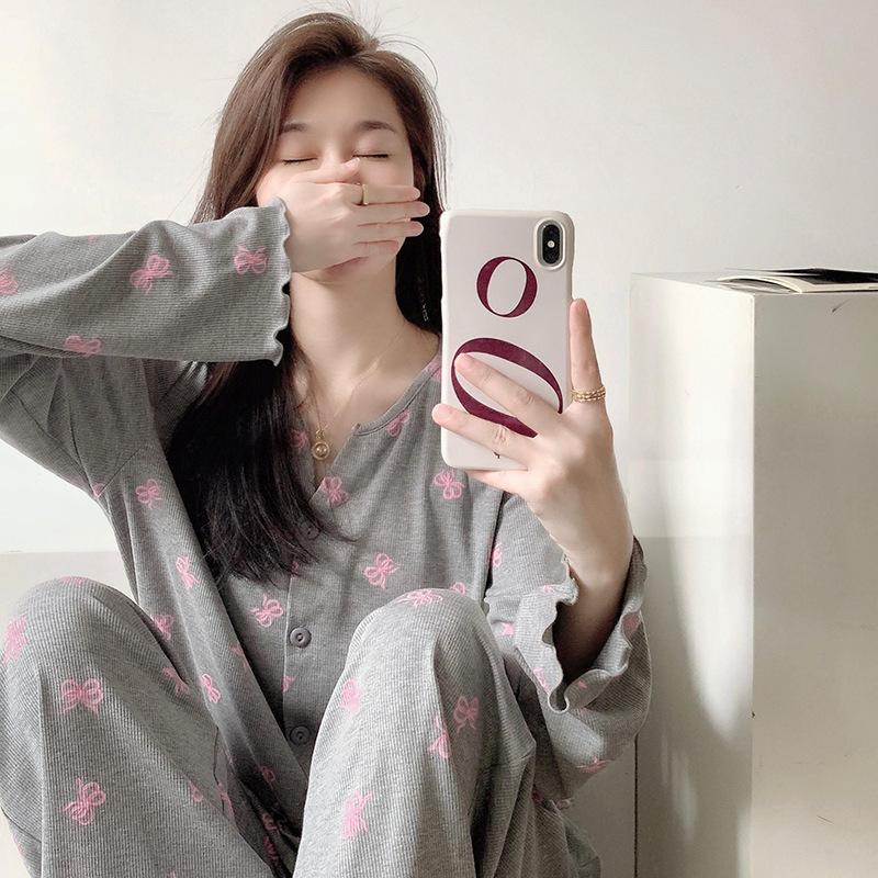 Retro Full Print Sweet Floral Pajamas Women's Summer Cardigan New Loose Loungewear Set Long Sleeve Spot