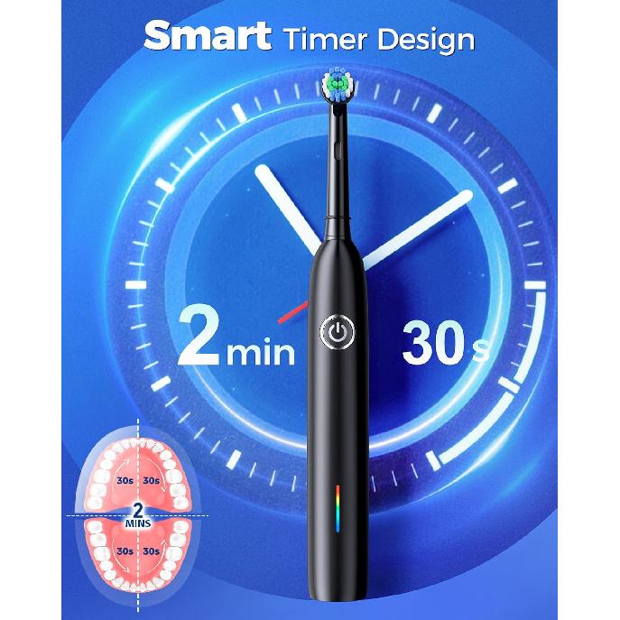Rotating Electric Toothbrush with 8 Brush Heads for Adults and Kids, 3 Modes Rechargeable Power Toothbrush with 2-Minute Smart Timer, 45-Day Battery