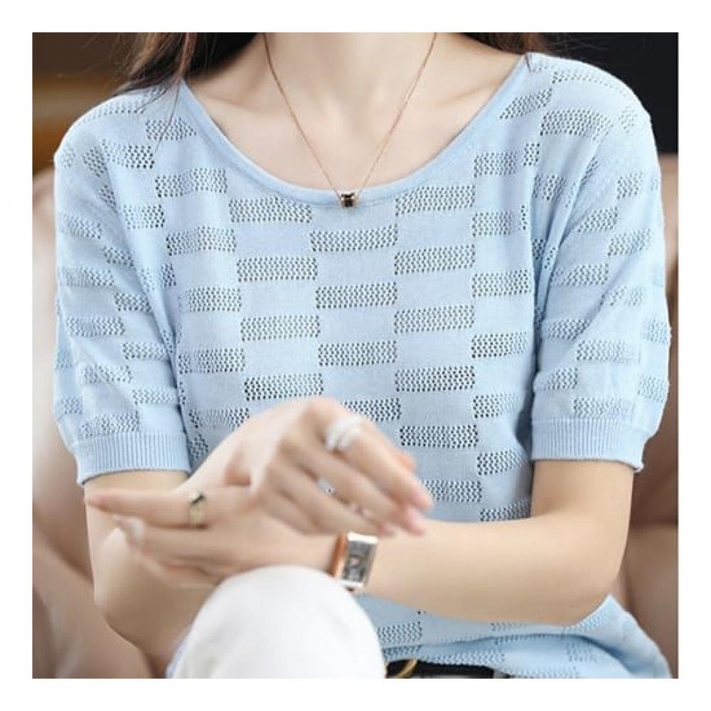 Navava Women Simple Daily Punching Check Short Sleeve Knit Nk2075