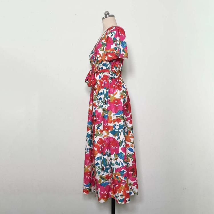 Women Summer High Waist A Line Dress Ethnic Printed Short Sleeve Lace Up