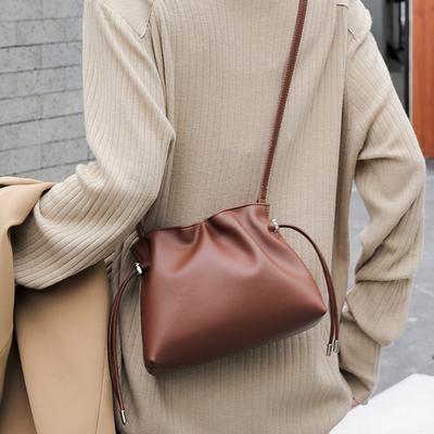 New Drawstring Small Lucky Bag Bag Genuine Leather Pleated Versatile One-shoulder Crossbody Bag