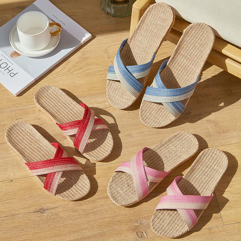 New home linen slippers women's indoor non-slip and wear-resistant couple slippers men's four-season floor slippers