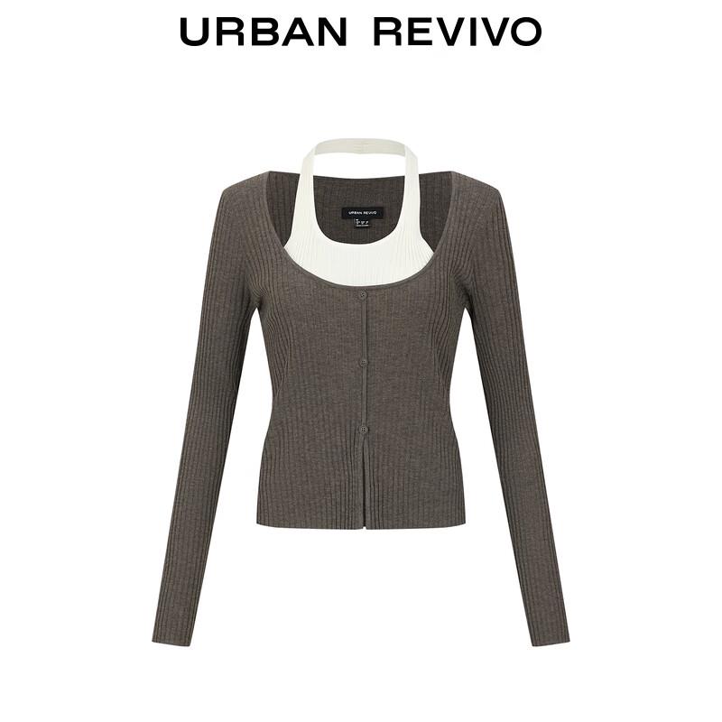 UR 2025 Women's Faux Two-Piece Color-Block Halter Knit Top