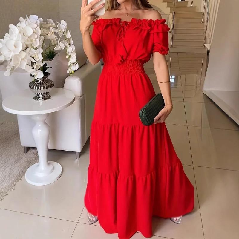 Neues modisches einfarbiges Schnür-Rüschenrand-One-Shoulder-Blusenärmel-Kleid Damenbekleidung