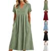Robe midi décontractée confortable en tissu léger pour femme, col en V, manches courtes, coupe ample, avec poches, robe d'été