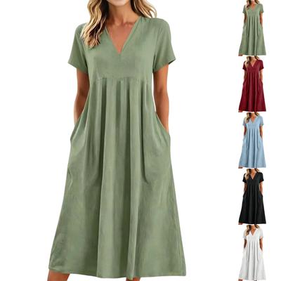 Women's V Neck Short Sleeve Loose Fit Midi Dress Casual Comfortable Lightweight Fabric Summer Dress with Pockets