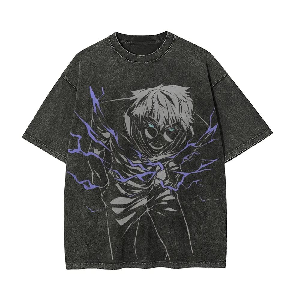 

Young Satoru Gojo Tshirt Jujutsu Kaisen Purple Lightning Tee Vintage Washed Oversized Retro Anime Harajuku Men Streetwear Top M