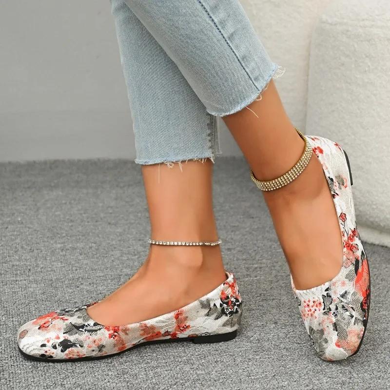 Ladies Shoes Summer 2025 High Quality Fashion Women's Printed Square Toe Flats Soft Sole Casual Shoes Classic Comfortable Shoes