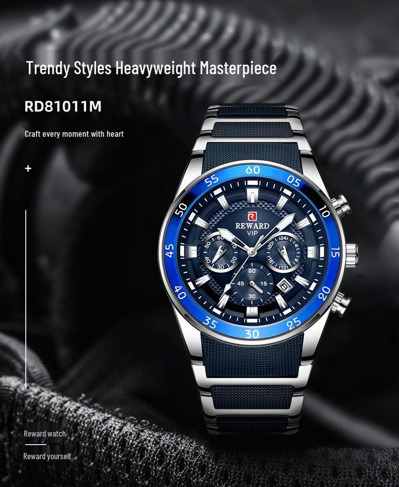 Reward Multifunktionale Leuchtende Wasserdichte Herren Sportuhr mit Kalender und Massivstahlband (Modell RD81011M)