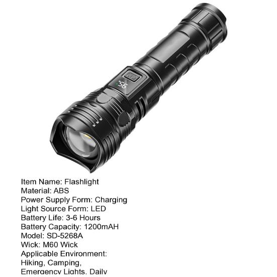 High-brightness LED Flashlight Digital Display Waterproof Rechargeable Flashlight Energy-saving LED Torch for Outdoor Camping Patrol