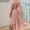 BITCED Spring Summer Bohemian Women Maxi Dress Casual Long Sleeve High Waist Beach Dress Women Floral Chiffon Dresses Vestidoes Mujer New
