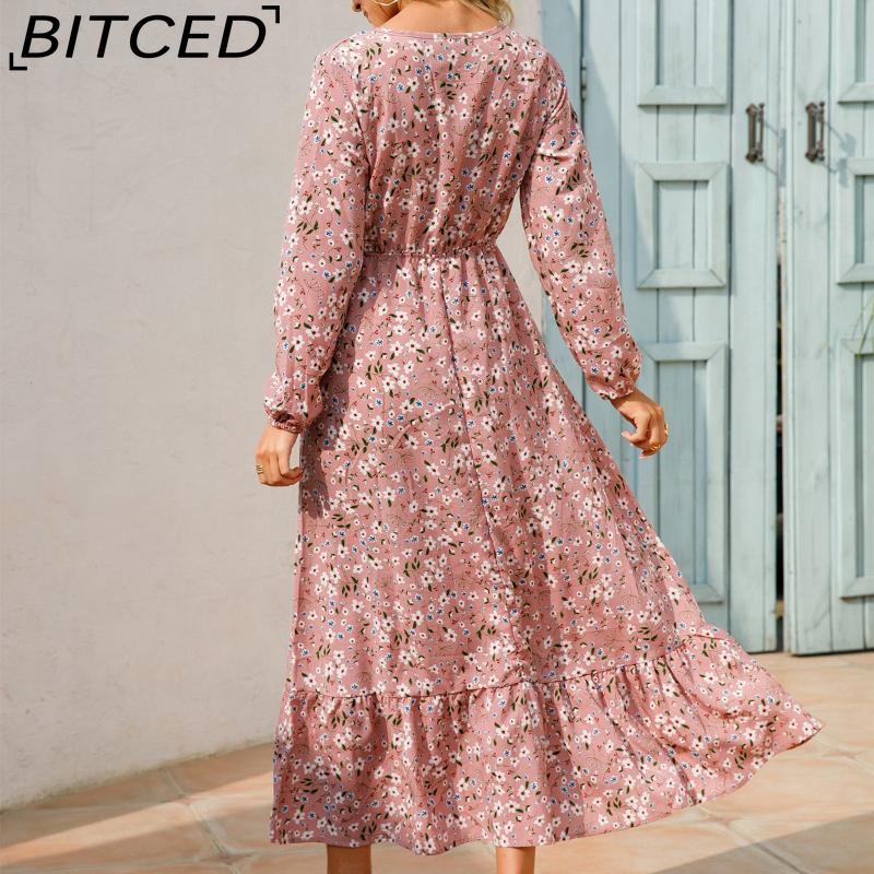 BITCED Spring Summer Bohemian Women Maxi Dress Casual Long Sleeve High Waist Beach Dress Women Floral Chiffon Dresses Vestidoes Mujer New