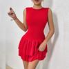 Women's Fashion Color Ruffled Skirt Sleeveless Pleated Dress