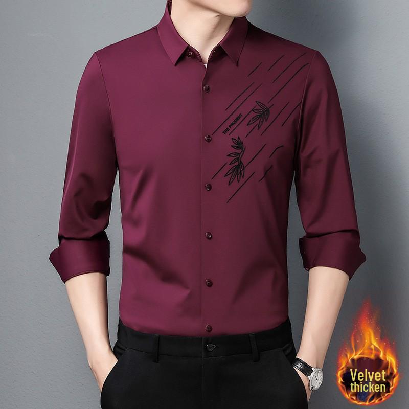 

Men s High-End Fleece-Lined Silk Long-Sleeve Shirt for Autumn/Winter Casual Wear XXXL красный