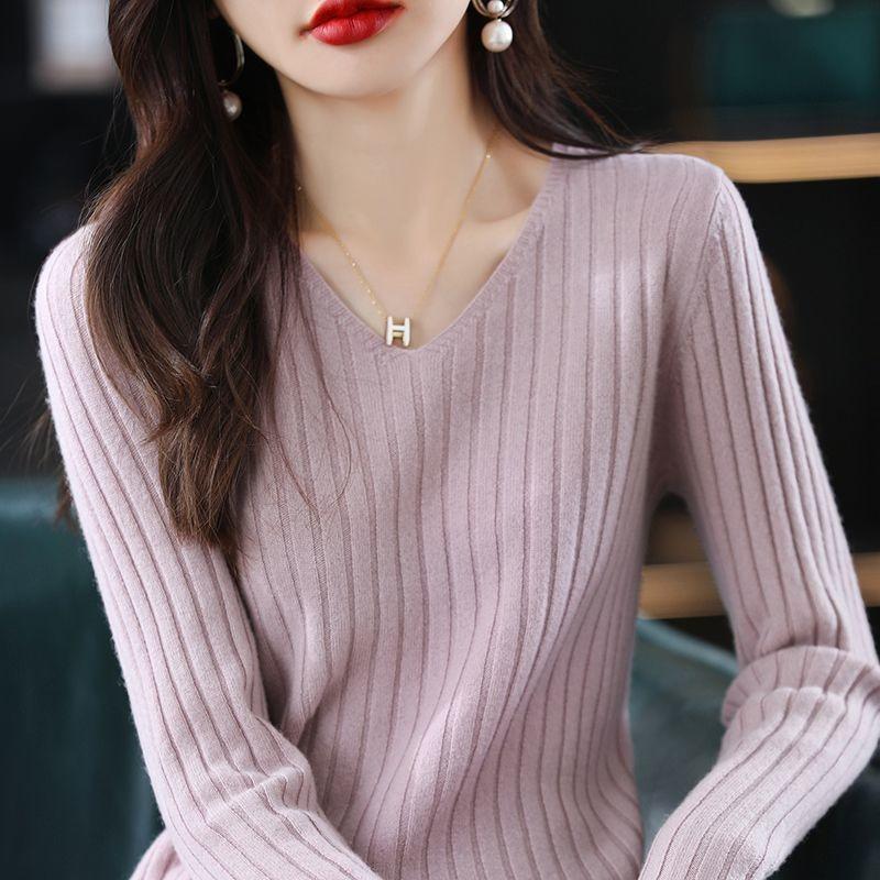 Autumn New Long Sleeve Casual Knitted Base Sweater Women Winter Solid Elegant V-neck Pullover Women Sweaters Slim Fit Fashion Office Lady Jumper 25033