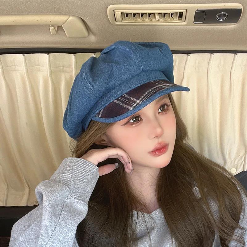 2024 New Korean Versatile Octagonal Hats for Women Summer Autumn Travel Sunscreen Casual Retro Short-brimmed Denim Berets Cap