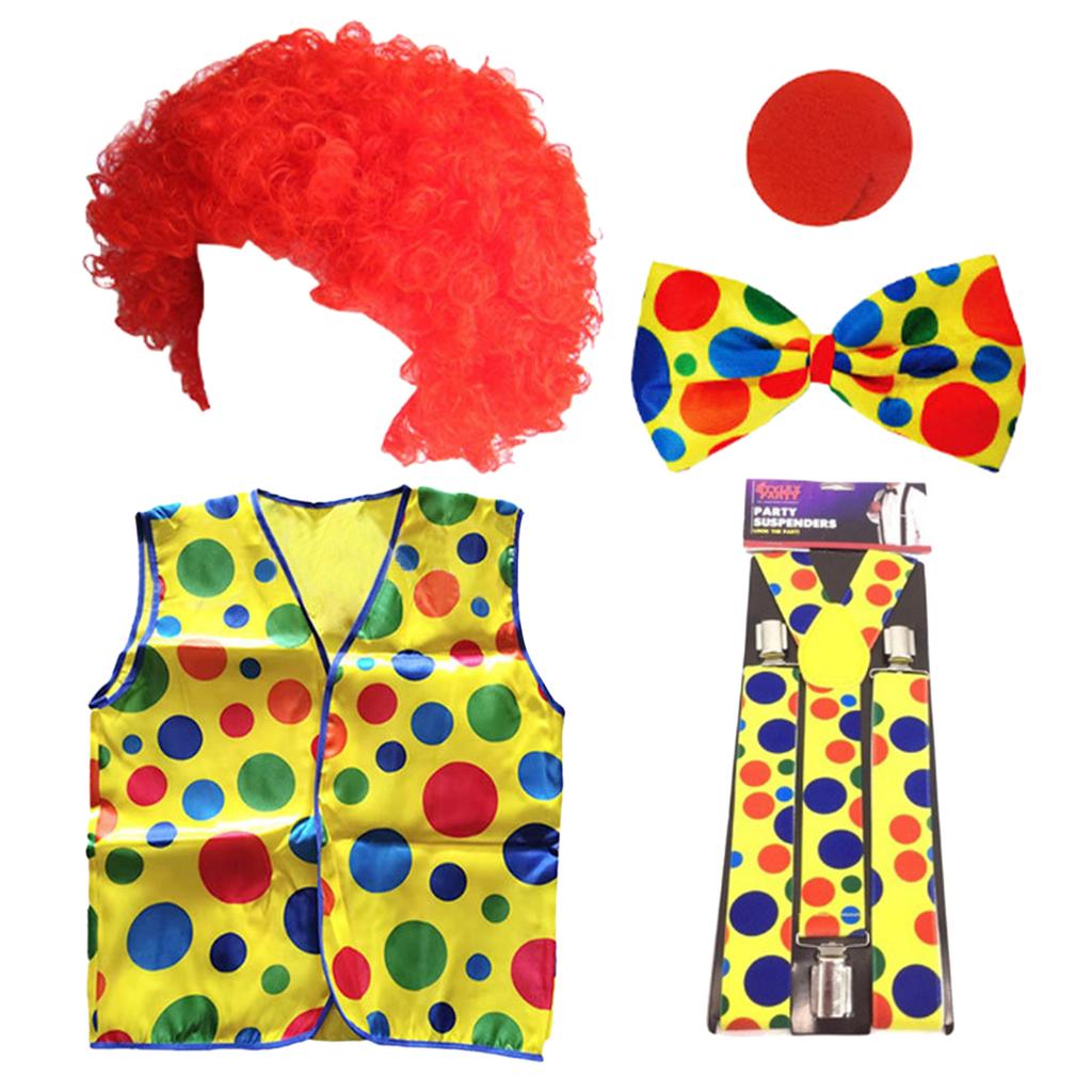 Clown Costume Set Red Clown Noses Shoes Vests Hats Wigs Bow Ties