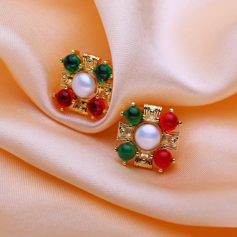 SENIKO Natural Freshwater Pearl Earrings For Women Fashion Gold Color Green and Red Flower Stud Earrings Party Jewelry