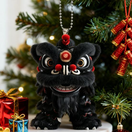 Car Pendant with Metal Chain Lion Dance Design Plush Fabric Car Charm Keychain Bag Accessory Good Fortune Decoration