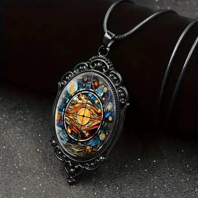 New Vintage Gothic Glass Pendant Necklace Sun Moon Style Flower Pattern Halloween Necklace Charm Necklace Jewelry Accessories