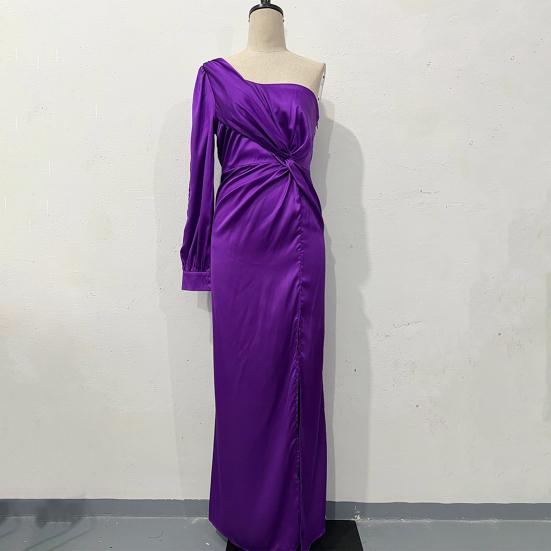 Abendkleid für Damen, eine Schulter, einzelne offene Ärmel, geteilter Saum, einfarbig, schmale Taille, plissiertes Knotendekor, Abschlussball, Cocktailparty, Maxikleid, Ballkleid