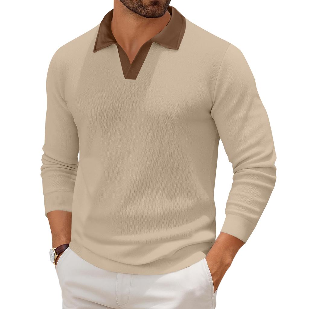 Men's Casual Color-Block Collared Long-Sleeve Knit Base Layer Top