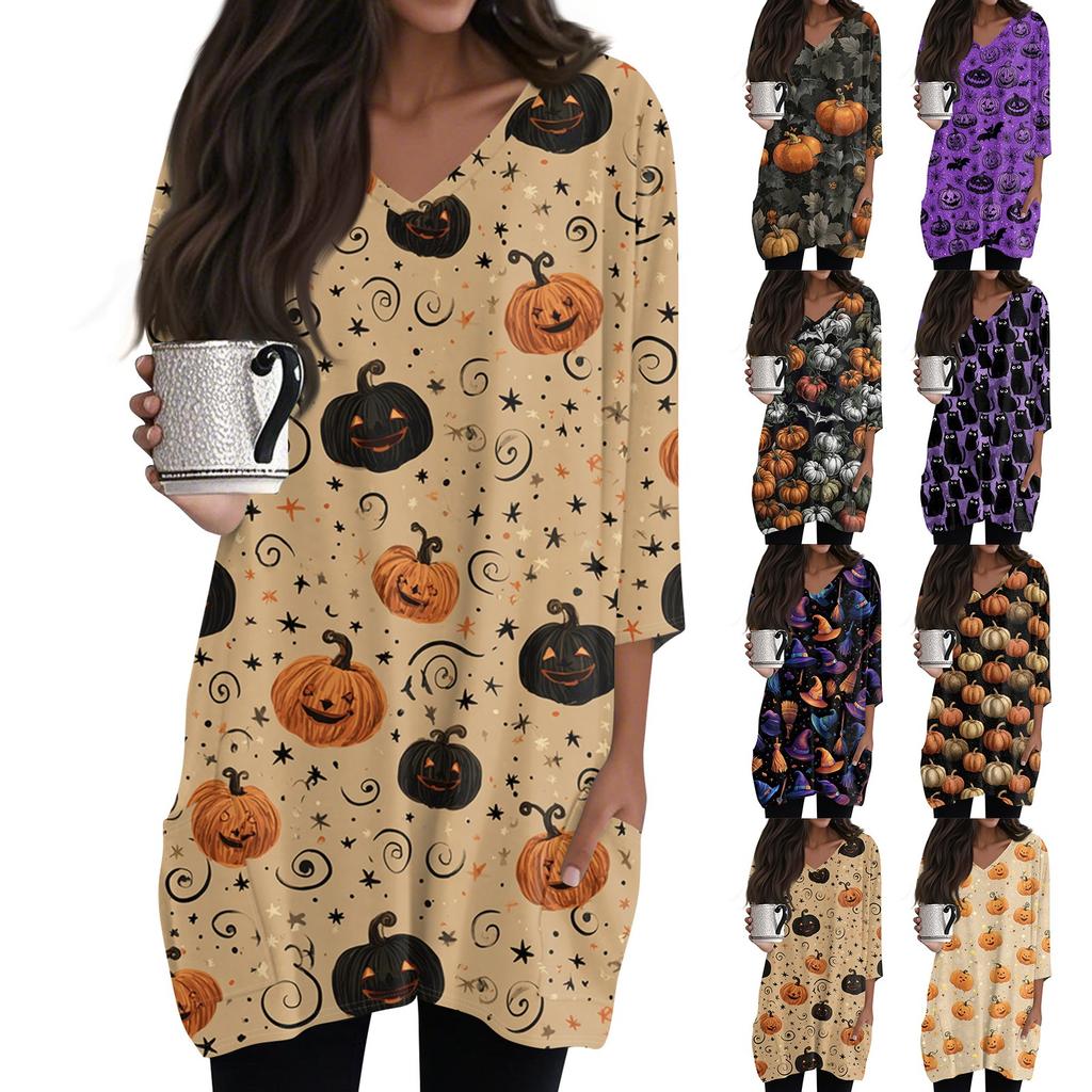 Womens's Fashion Casual Halloween Print V-neck Mid Length Pocket 3/4 Sleeve Top