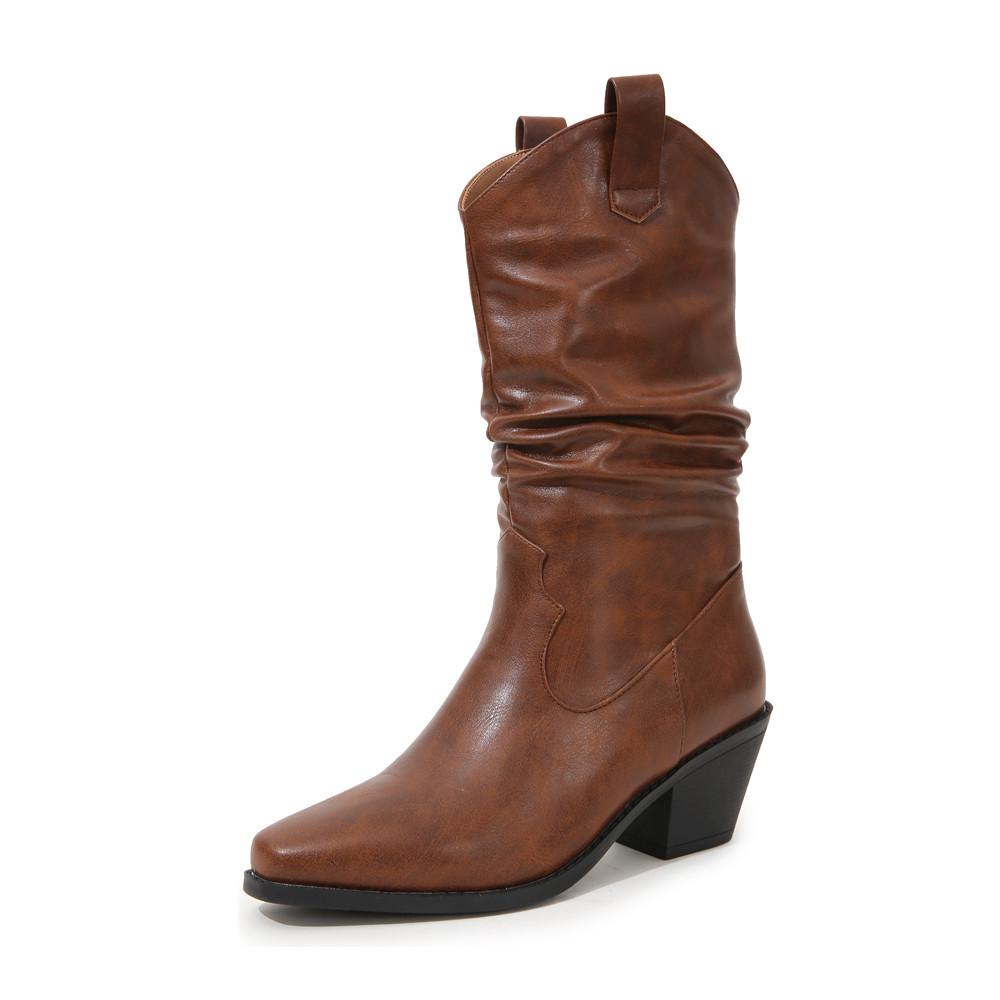 Fashion 2025 Pointed Toe Western Cowgirl Chelsea Mid calf Boots Women Cossacks Cowboy Pleated Boots Wedges Femal Shoes Botas Mujer 34-45