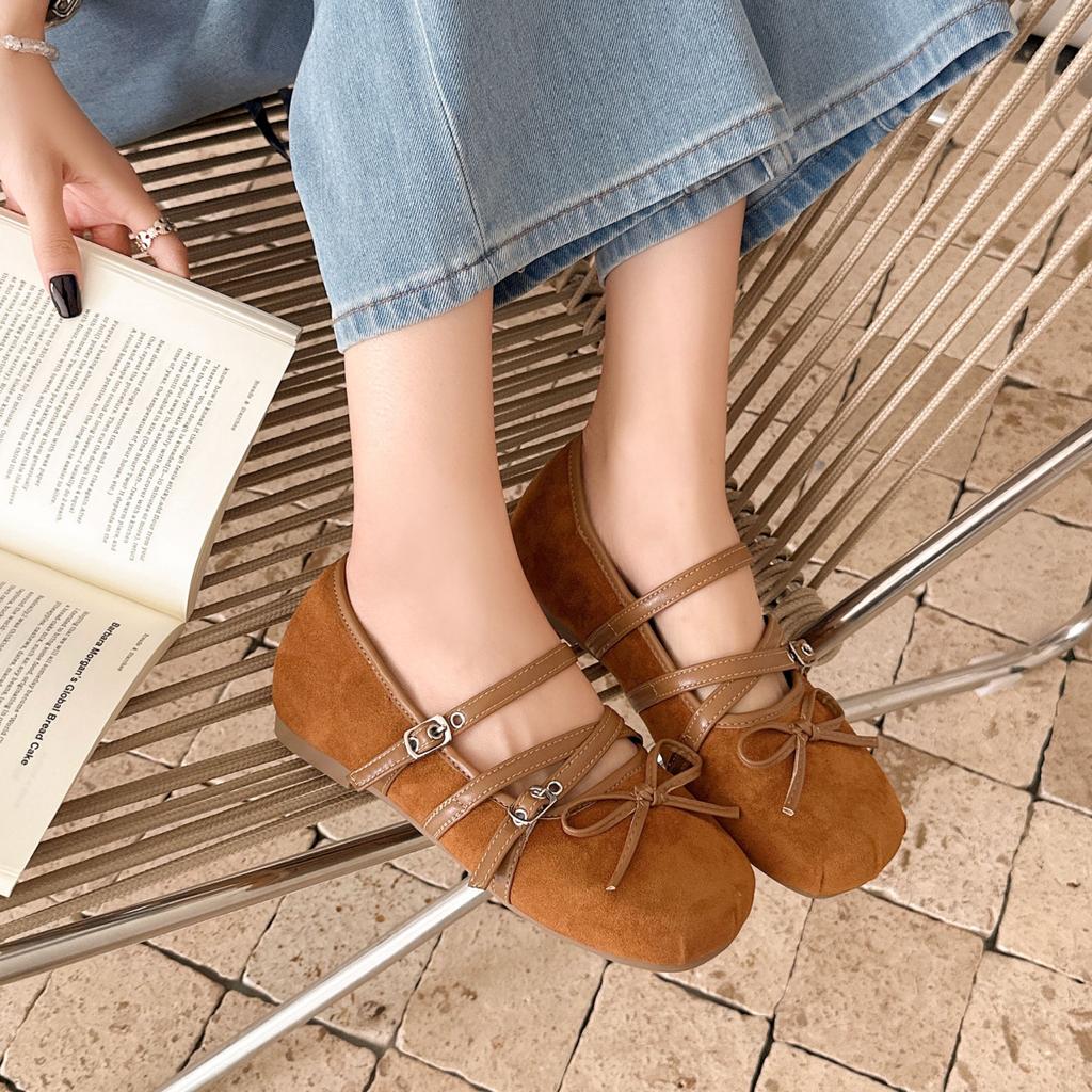 Retro suede flat Mary Jane shoes women's spring and autumn new light-mouth bow soft-soled ballet shoes