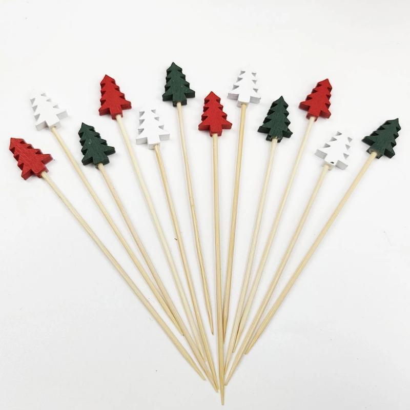 100Pcs Christmas Disposable Bamboo Skewers Food Picks Fruit Fork Christmas Party Cake Dessert Salad Sticks Toothpick Skewer