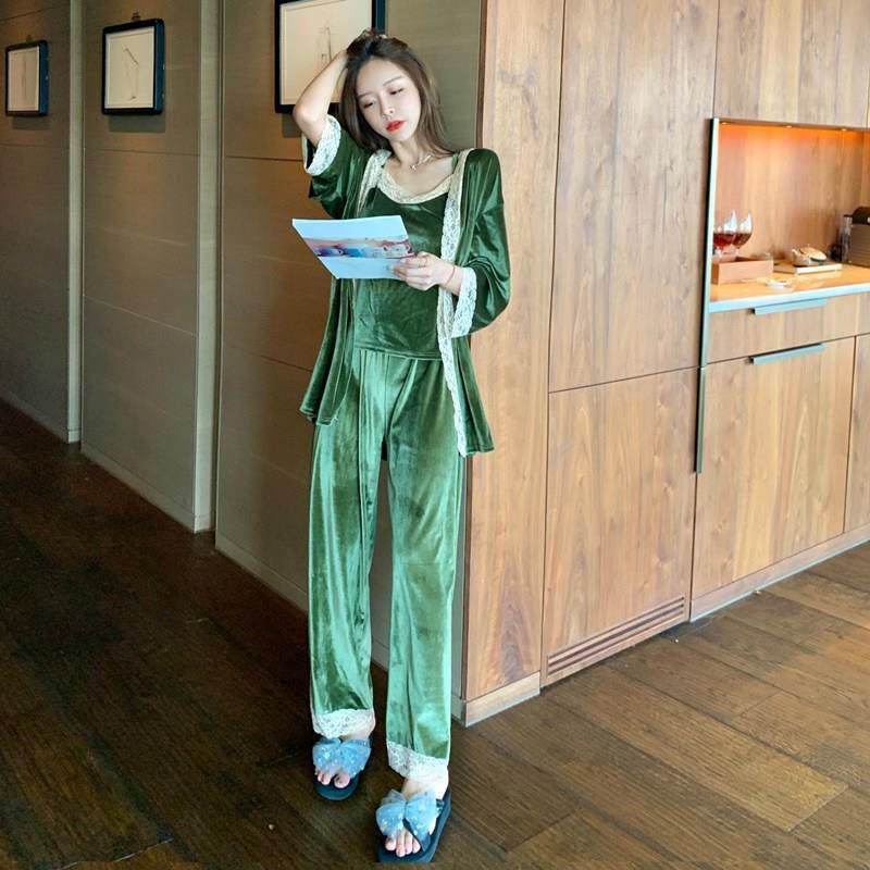 Autumn Winter New Female 3PCS Velvet Pajamas Set Sleepwear Casual Women Velour Lace Nightwear Pijamas Suit Loose Home Wear