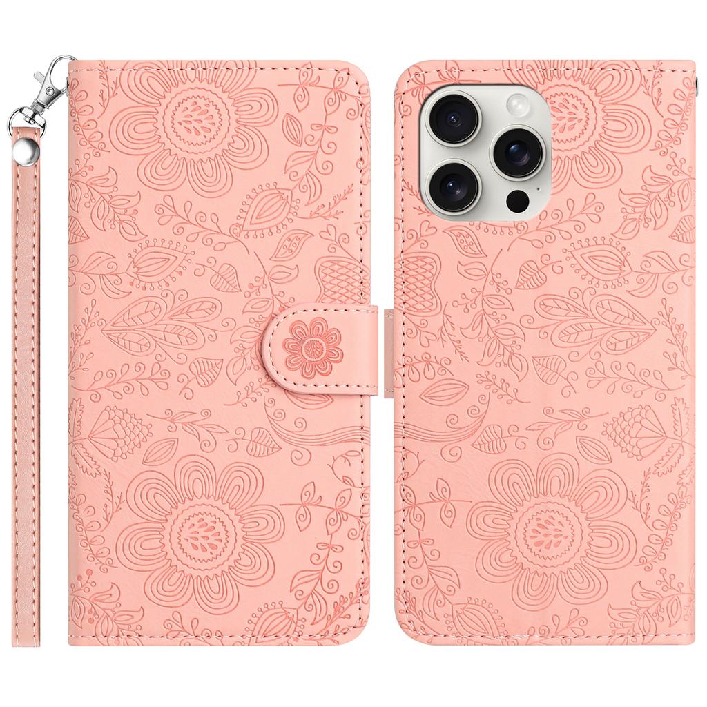 For iPhone 13 Pro Max Case Flower Imprint Leather Flip Wallet Phone Cover with Wrist Strap