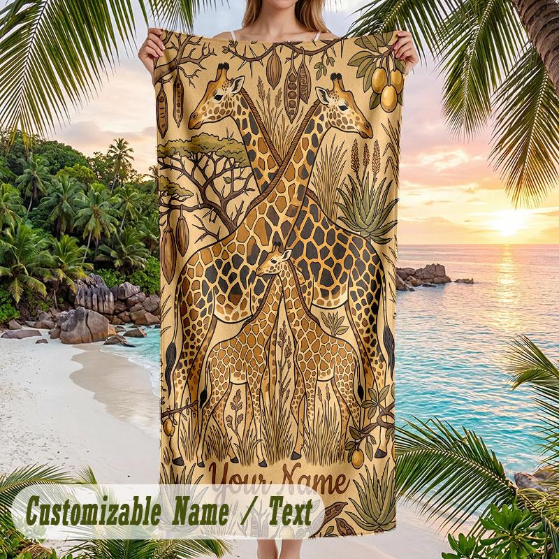 Giraffe Art Deco Poster Theme Quick Dry Beach Towel Custom Name Text Print Large Sand Resistant Towel Beach Vacation