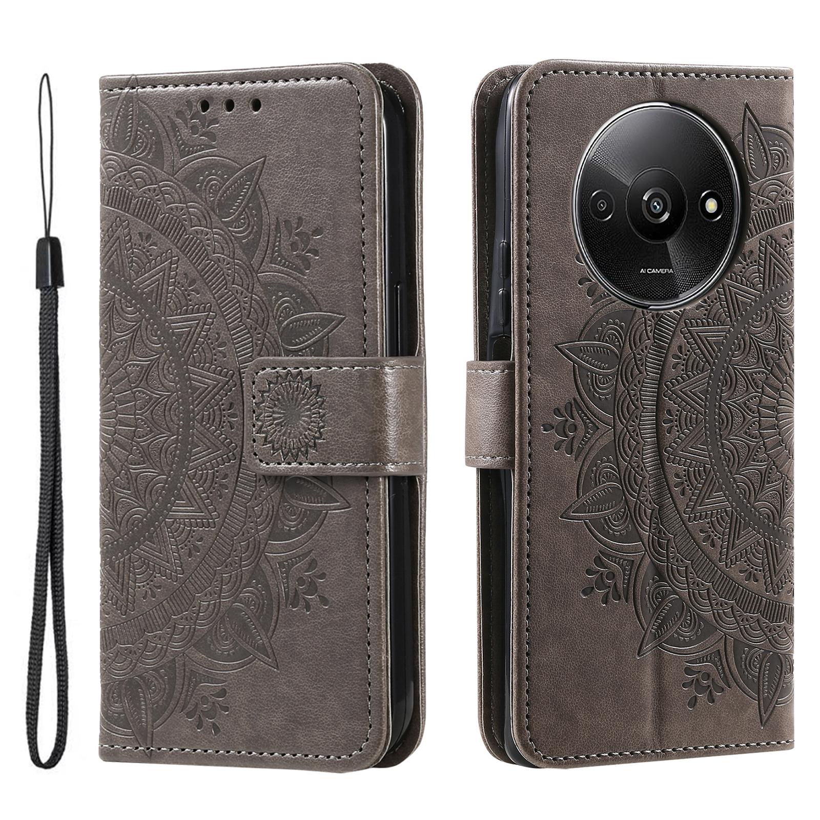 

For Xiaomi Redmi A3/Poco C61 4G Case Mandala Flower Imprinted Drop Resistant Leather Phone Wallet Cover Grey