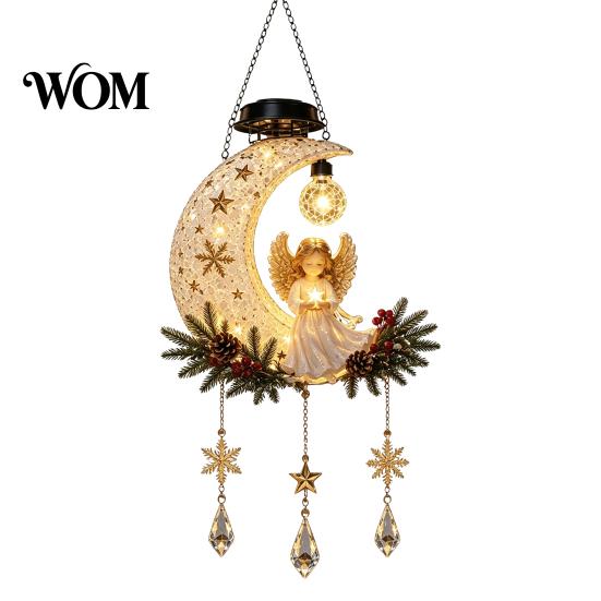 Christmas Outdoor Hanging Decor Solar Angel Moon Light, Lantern with Warm Glow, Resin Energy Saving Garden Lights Yard Decoration for Porch Tree, Faux