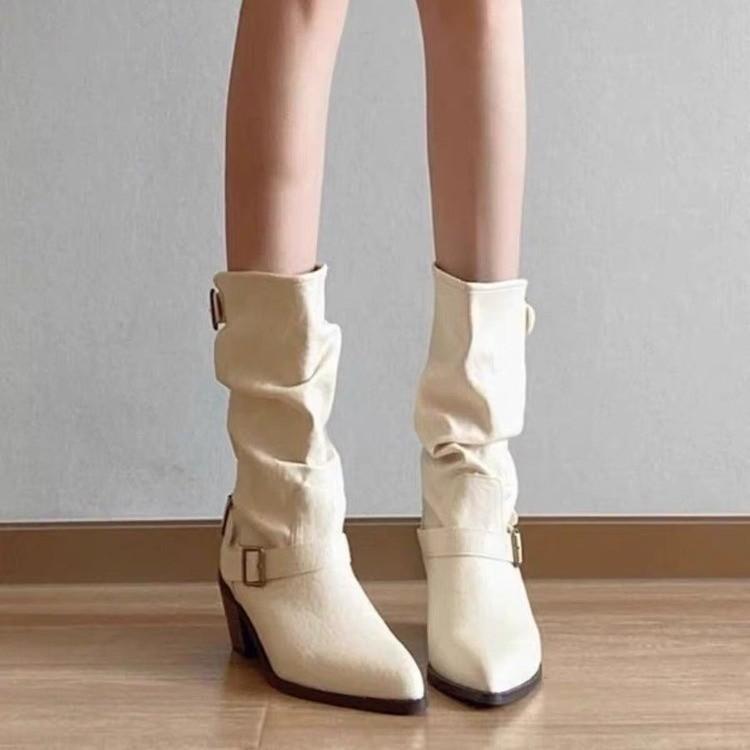 Boots Women's Summer 2025 New Premium Belt Buckle Martin Boots Pointed Thick Heel Pile Boots Western Cowboy Boots