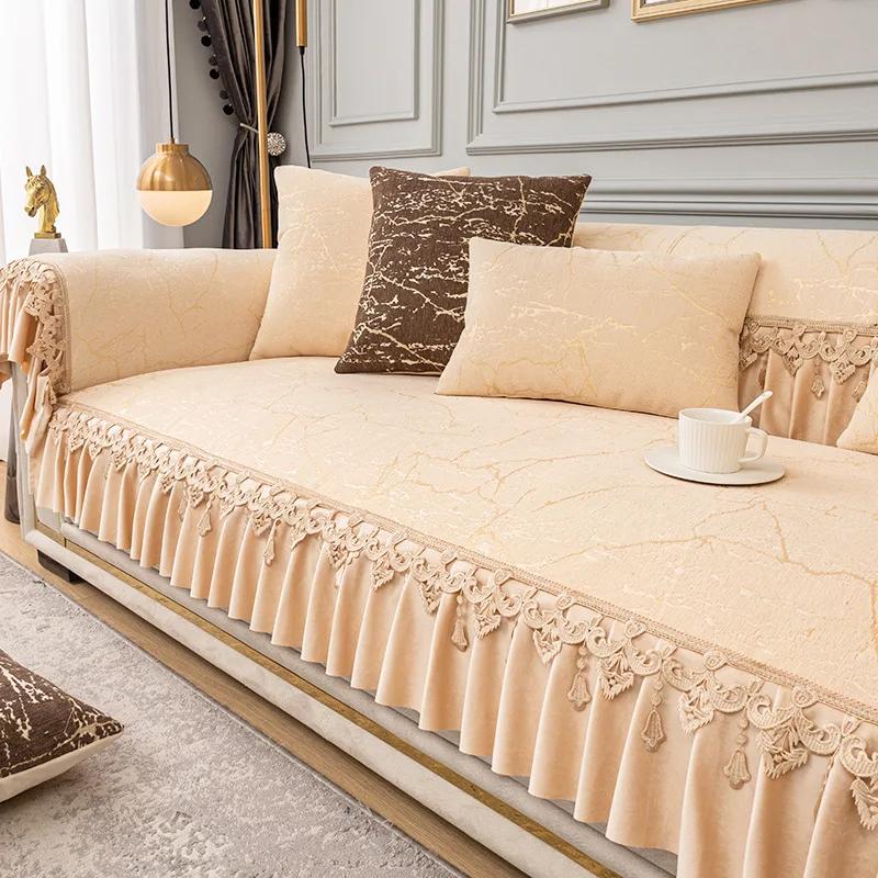 Europeisk sittesofatrekk Stue Four Seasons Universal Sofaputer Sklisikker sofa Håndkletrekk med utsøkt blondekant