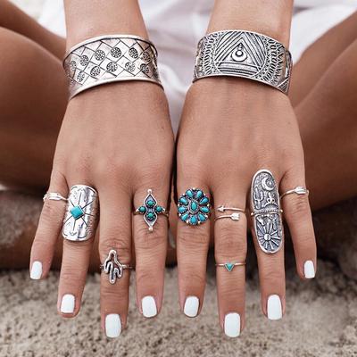 Vintage Jewelry Cactus Turquoise Sunflower 9-Piece Alloy Set Ring