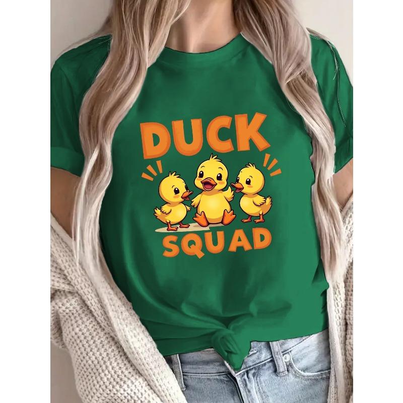 Ducklings DUCK SQUAD Print T-shirt, Short Sleeve Crew Neck Casual Top for Summer & Spring, Women's Clothing