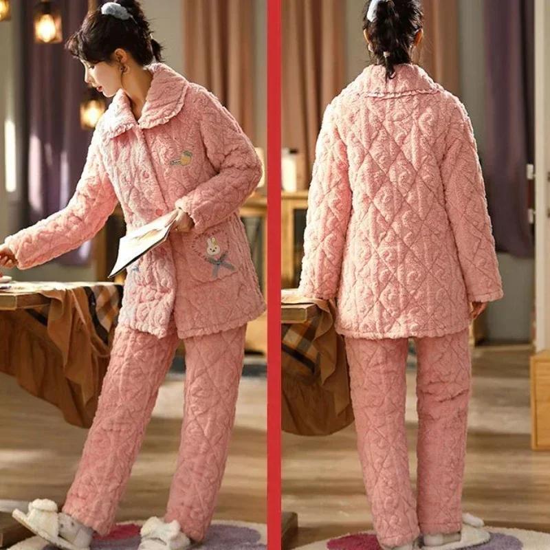 Winter New Women Pajamas Coral Fleece Cotton-Padded Jacket Warm Fleece-Lined Suit Loose Comfortable Home Wear Coat Emboitement