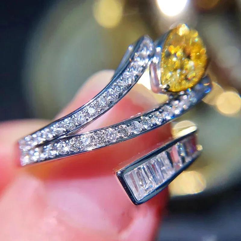 Personality Pear Yellow Cubic Zirconia Luxury Rings for Women Wedding Party Gorgeous Female Accessories Gift New Jewelry