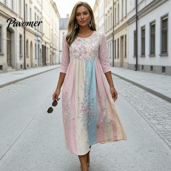 Fashionable Vacation Dresses for Ladies Long Sleeve Floral Dress, Women Cottagecore Waist Cinching Casual Autumn with Sleeves Midi Dress Street Party