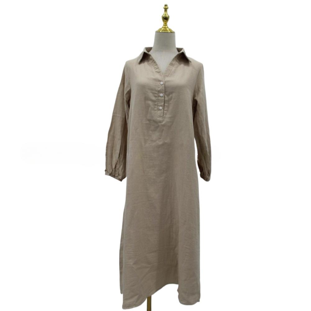 Μόδα Βαμβάκι και Κάνναβη Μακρύ Casual Μονόχρωμο Φόρεμα Λαιμόκοψη V Κομψή Ημιανοιχτή Μπροστινή Γυναικεία Μακρυμάνικη Ρόμπα